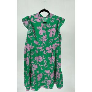 SHEIN Curve Women's 2XL Green Pink Floral Tiered Flutter Sleeve Dress